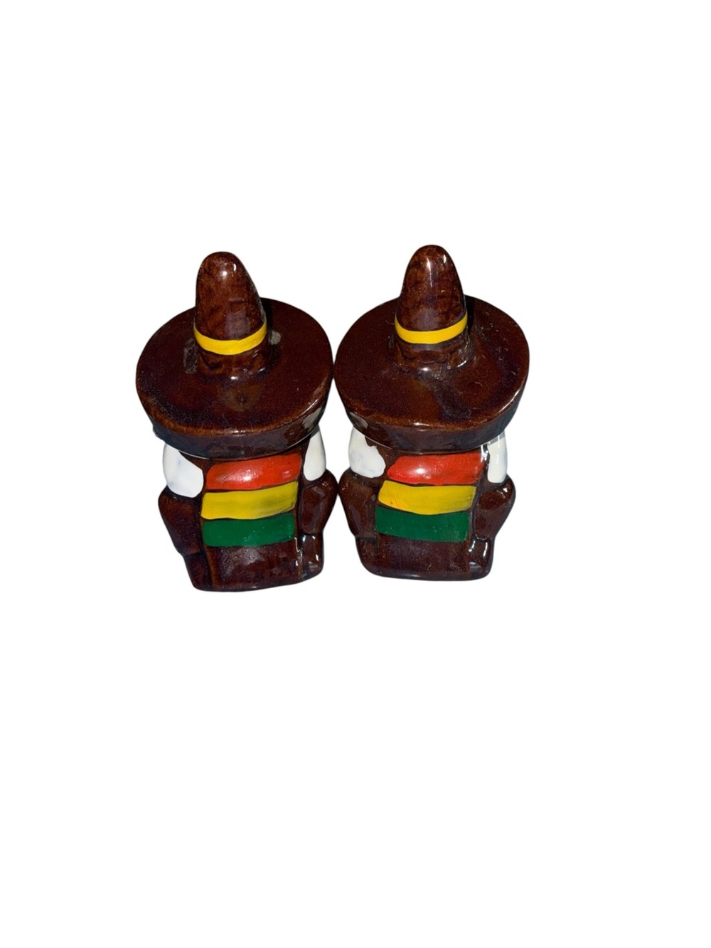 Vintage Hand-Painted Sombrero Figurine Salt and Pepper Shakers - Brown